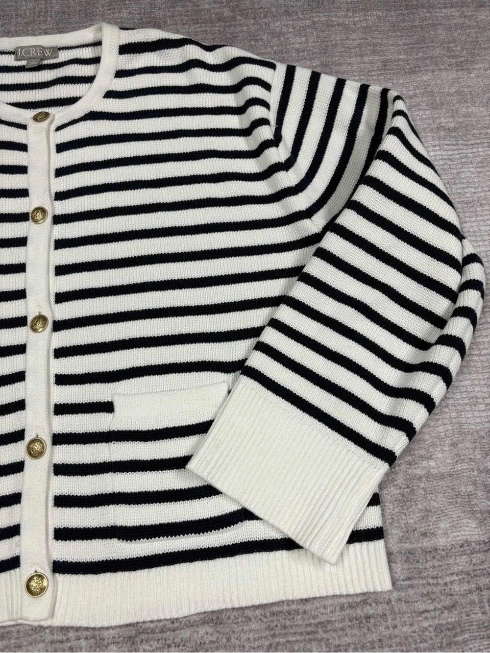 J. Crew Relaxed Emilie Sweater Lady Jacket Natural Navy Stripe Cardigan XL Boxy - Picture 8 of 10